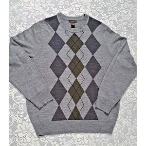 Dockers Argyle Sweater Men's Lg Gray Hunter Green Acrylic Crew Neck Pre-owned